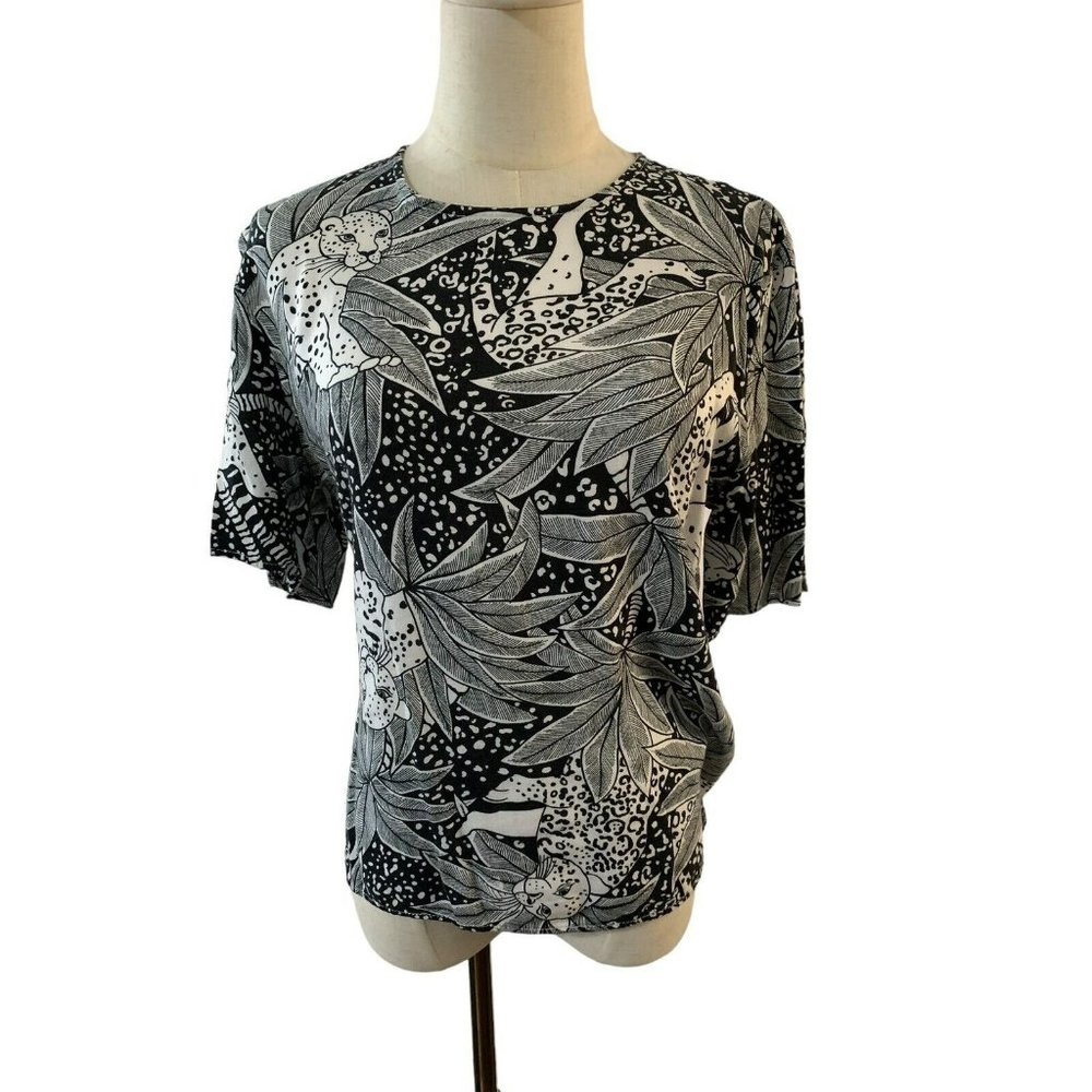 Vintage top 70s 80s Blouse Shirt SC&CO‎ Black & White Cheetah Leopard Pullover